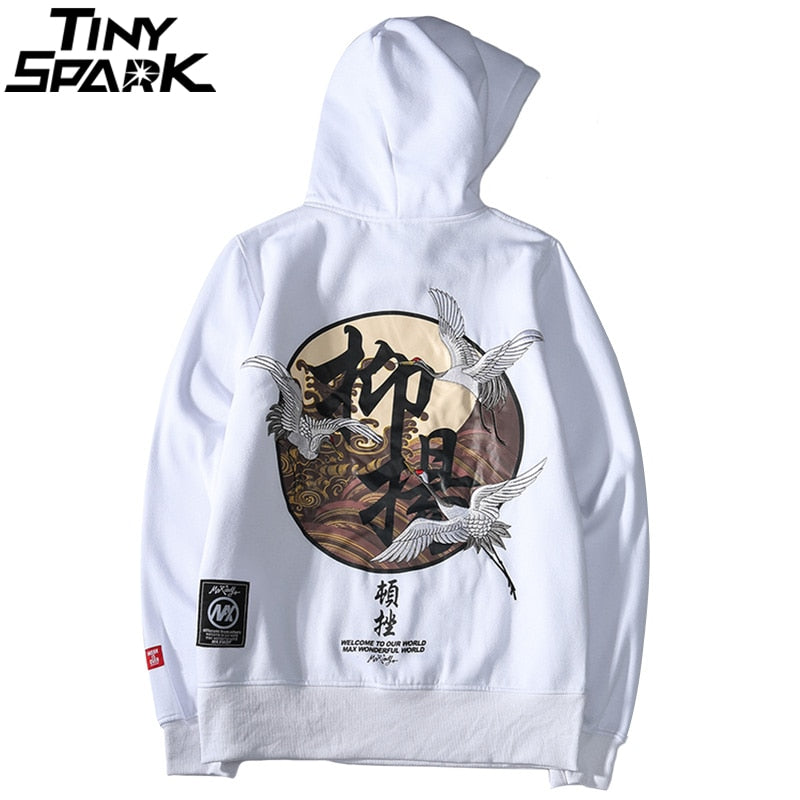Men Hip Hop Hoodie Sweatshirt Embroidery Crane Harajuku Streetwear Hoodie Fleece Autumn Cotton Hooded Pullover Oversized