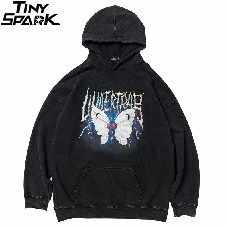 Men Hip Hop Hoodie Sweatshirt Lightning Butterfly Streetwear Hoodie Retro Vintage Washed Black Hooded Pullover Harajuku