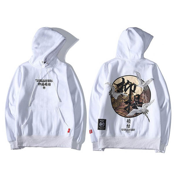 Men Hip Hop Hoodie Sweatshirt Embroidery Crane Harajuku Streetwear Hoodie Fleece  Autumn Cotton Hooded Pullover Oversized